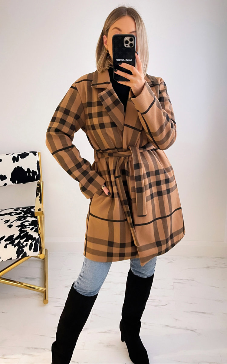 Cara Check Coat with Belt Detail Thumbnail Cara Check Coat with Belt Detail Thumbnail