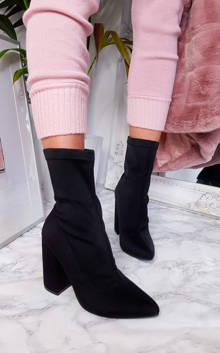 Cara Lycra Block Heeled Ankle Boots in Black | ikrush