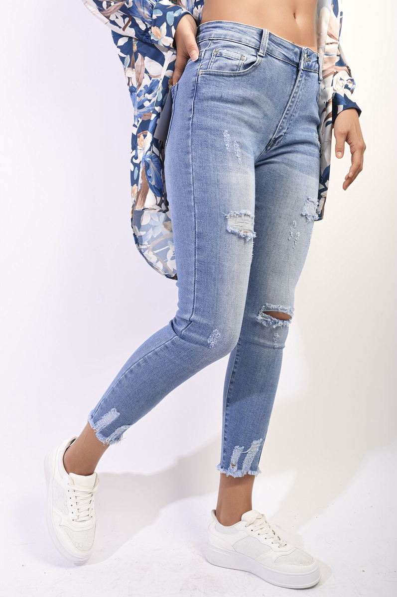 Denim Carla Distressed Ripped Raw Hem Jeans ikrush