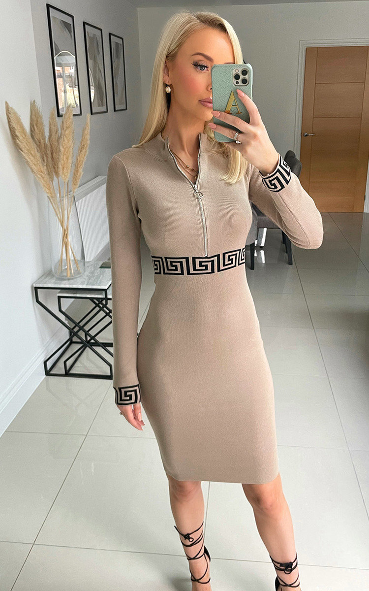 Cassie Bodycon Dress with Zip and Print Detail Thumbnail