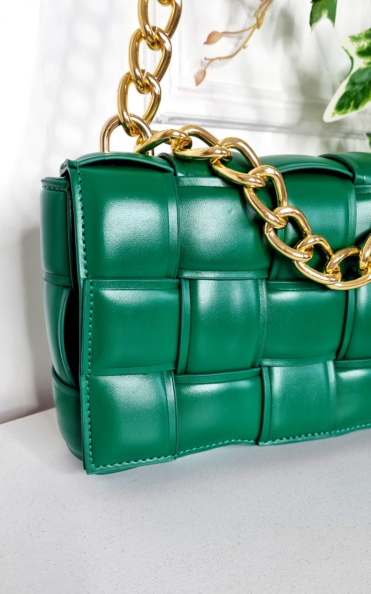 Charlotte Faux Leather Woven Bag with Chain Strap Thumbnail Charlotte Faux Leather Woven Bag with Chain Strap Thumbnail