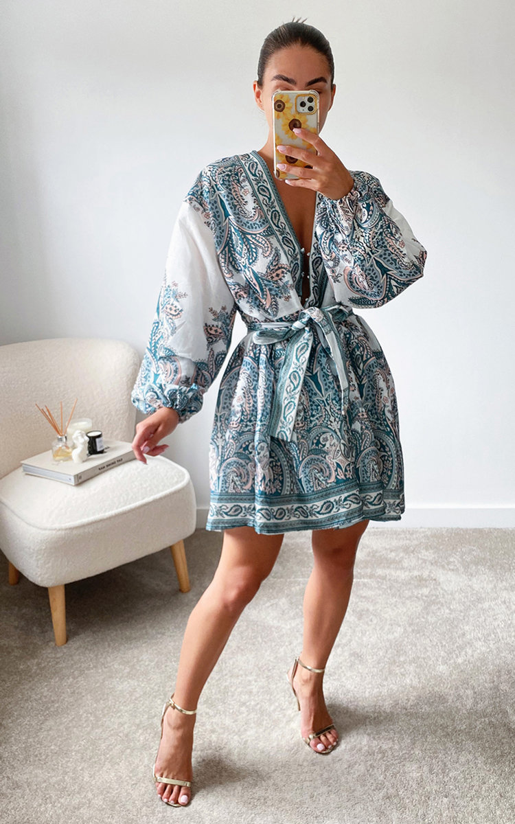 Chrishell Oversized Sleeve Belted Printed Mini Dress Thumbnail Chrishell Oversized Sleeve Belted Printed Mini Dress Thumbnail