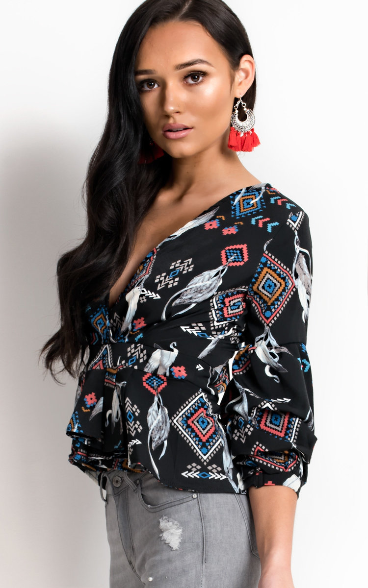Chrissy Aztec Peplum Pleated Top Chrissy Aztec Peplum Pleated Top