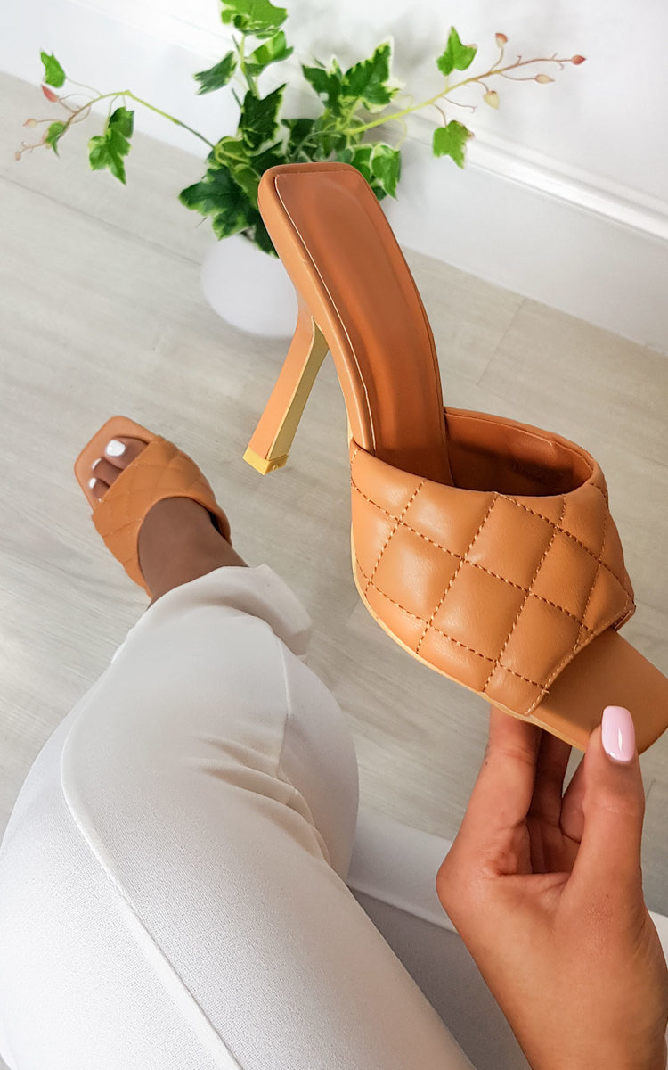 Clarisse Quilted Mule Heels in Camel 