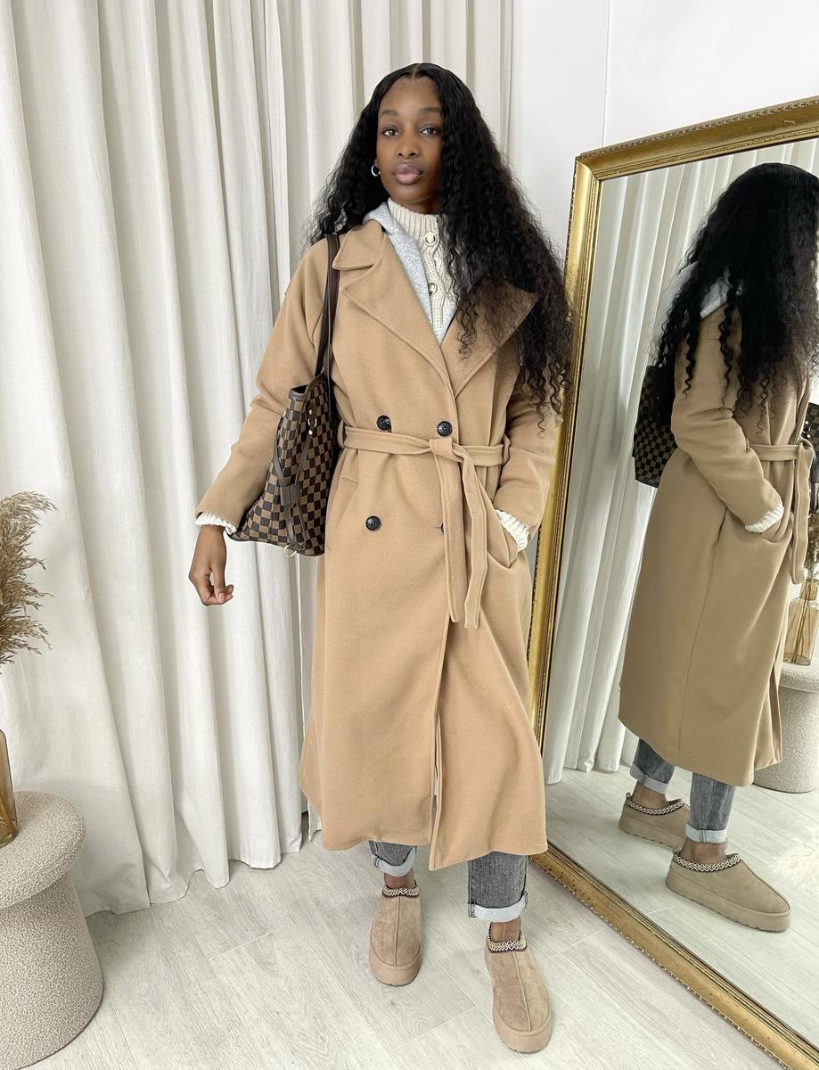 Camel Claudia Belted Button Hooded Trench Coat | ikrush