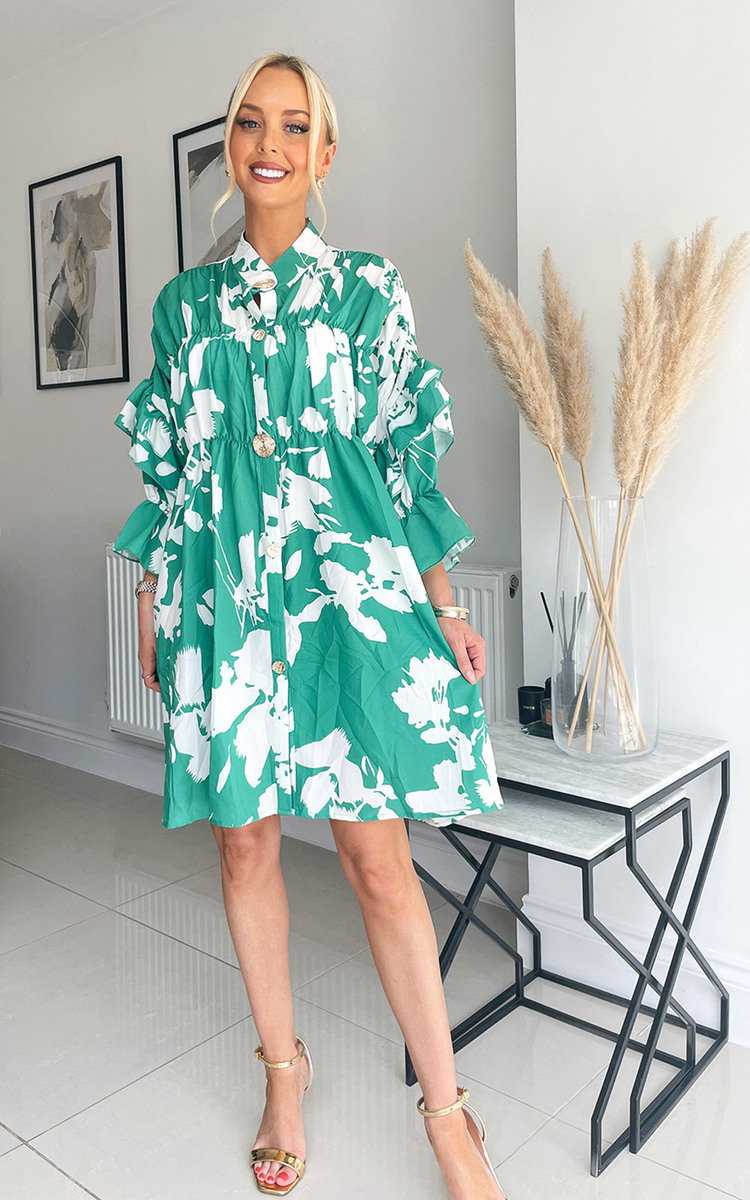 Margaux Ruffle Detail Button Down Midi Dress in Green ikrush