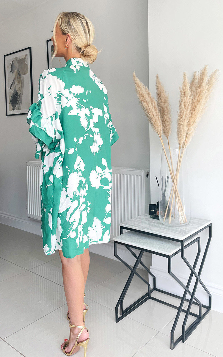 Margaux Ruffle Detail Button Down Midi Dress in Green ikrush