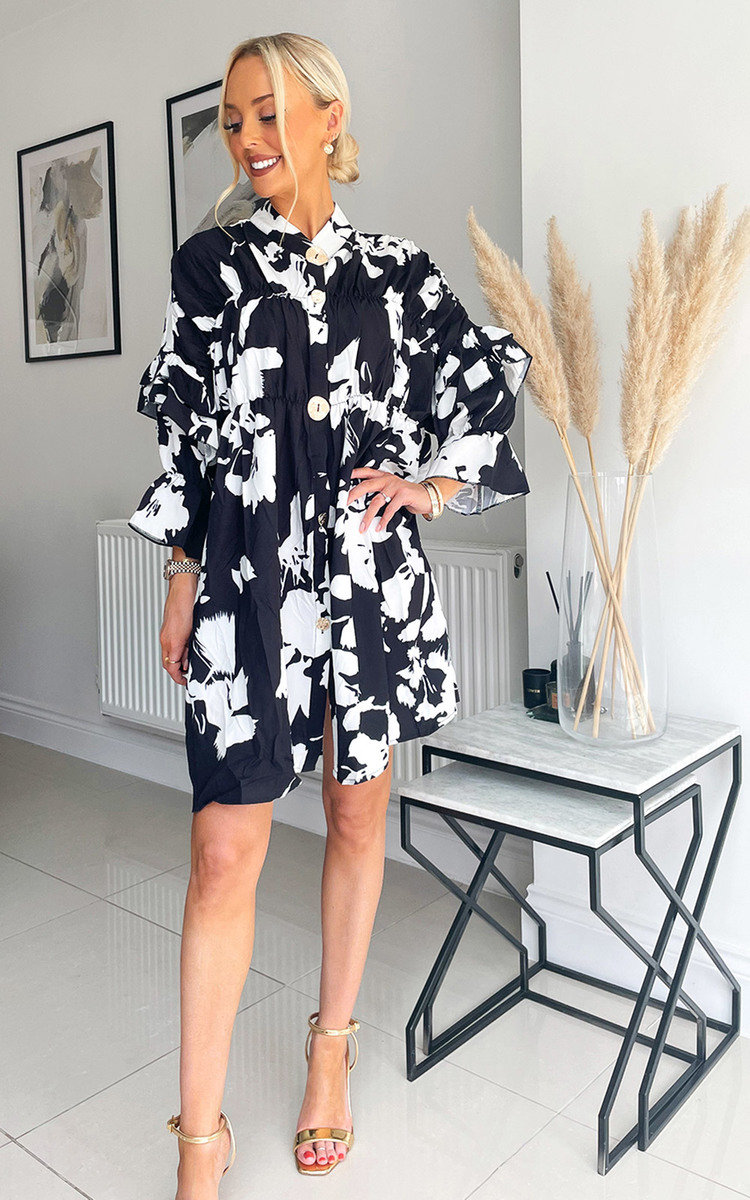 Margaux Ruffle Detail Button Down Midi Dress in Black/white ikrush