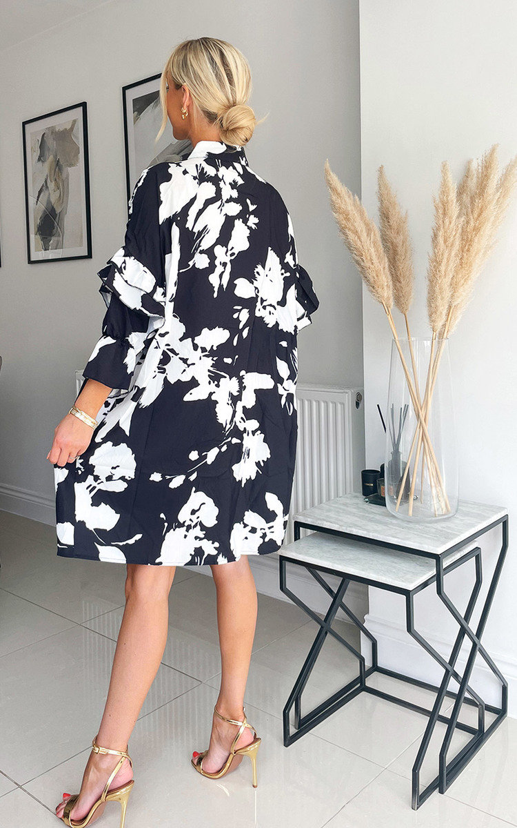 Margaux Ruffle Detail Button Down Midi Dress in Black/white ikrush