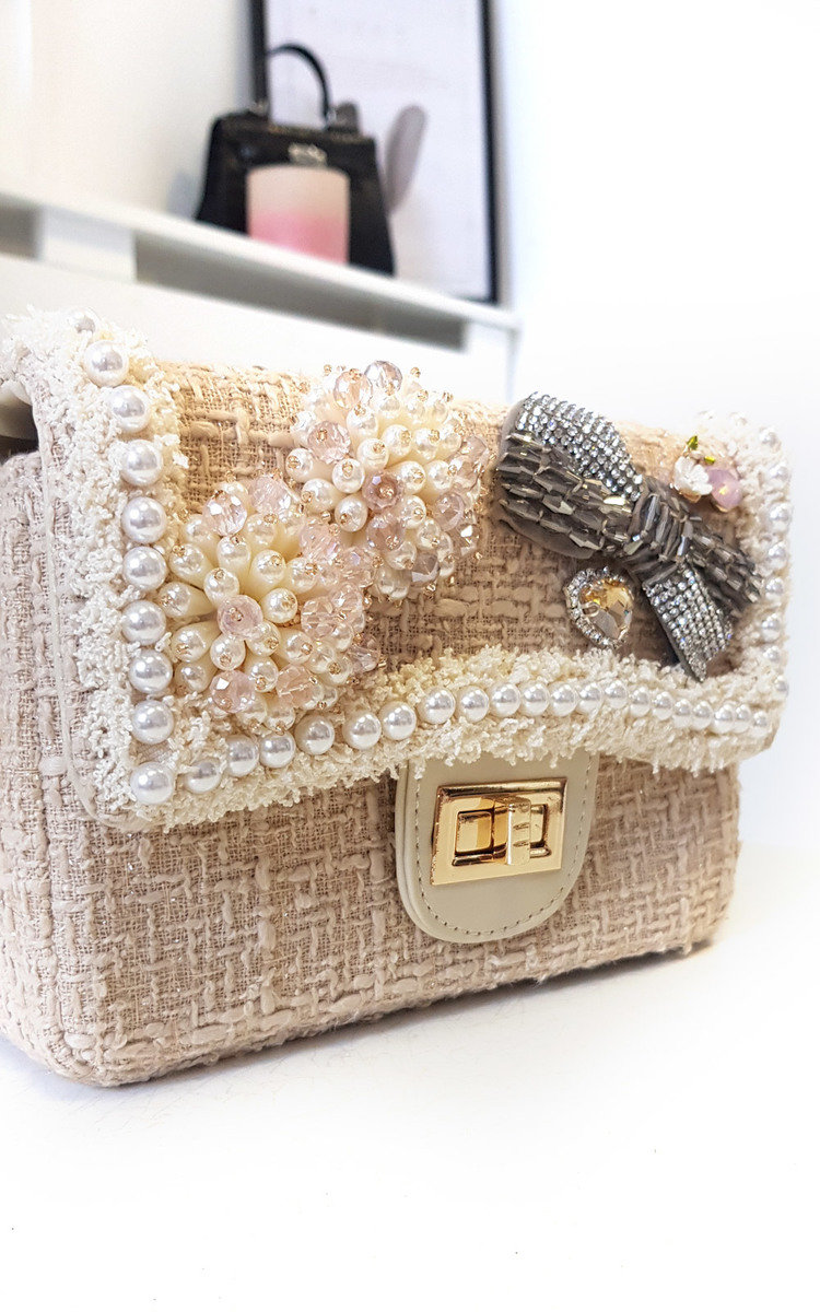 Daisy Pearl & Bow Embellished Tweed Shoulder Bag Thumbnail