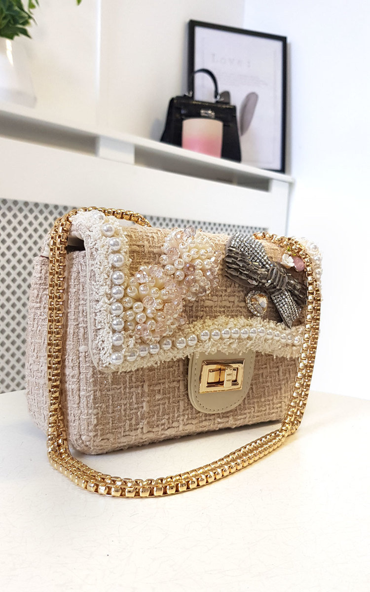 Daisy Pearl & Bow Embellished Tweed Shoulder Bag Thumbnail