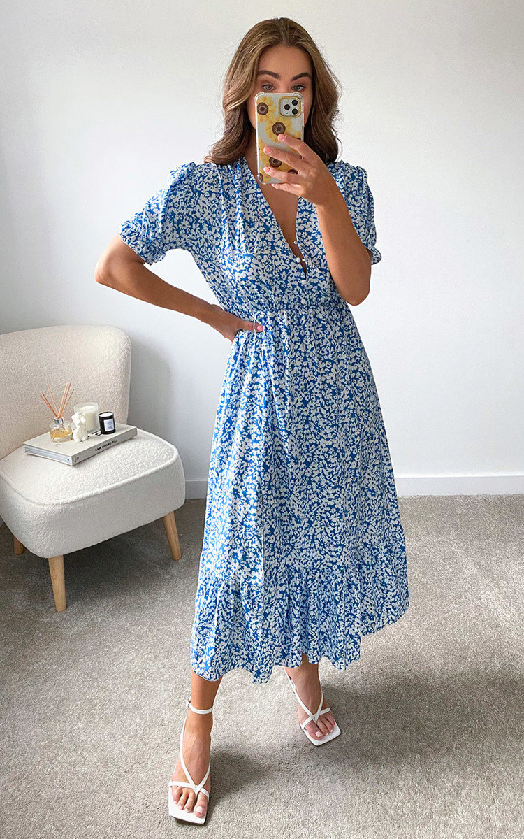 Daisy Printed Dress in Blue | ikrush