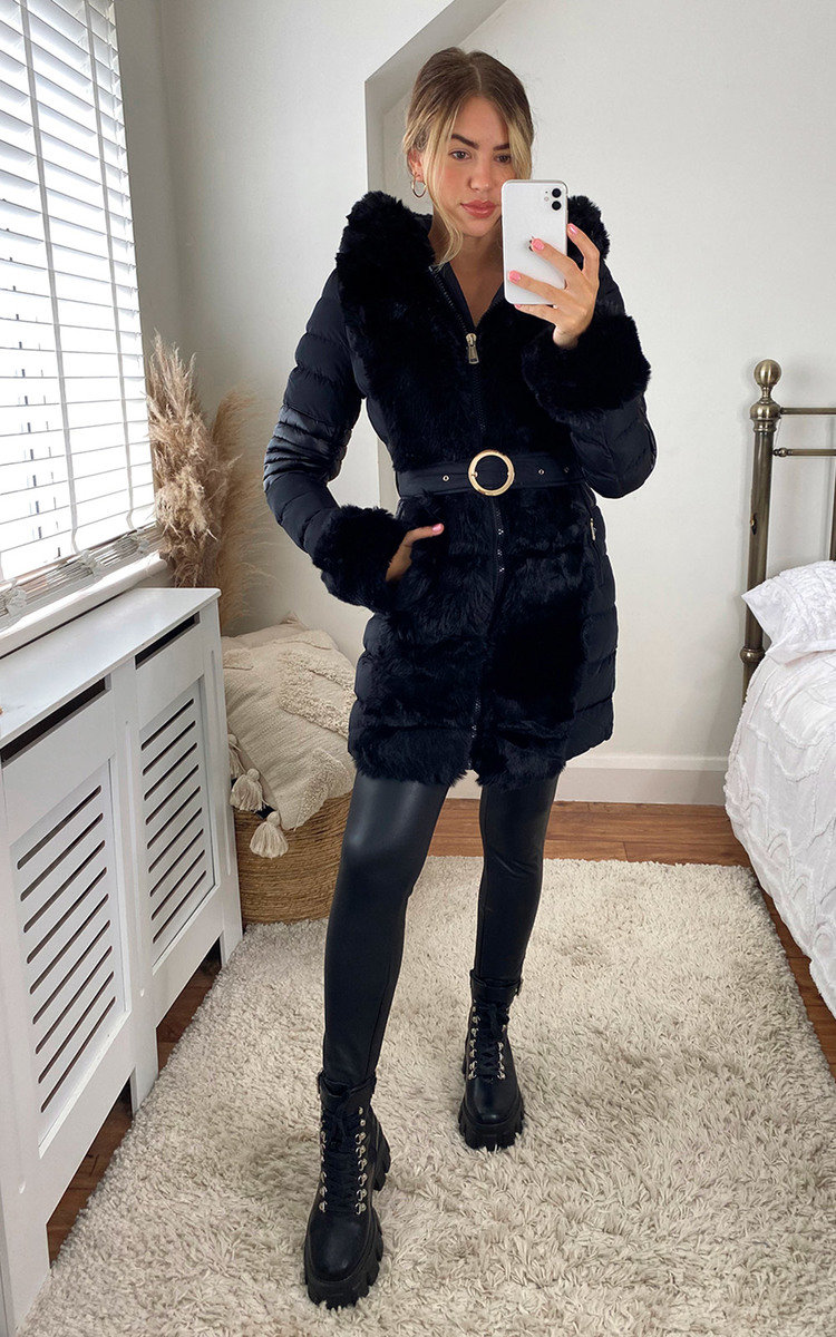 Dana Faux Fur Padded Belted Jacket with Hood Thumbnail