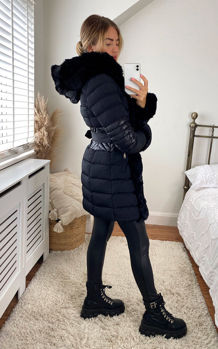 Dana Faux Fur Padded Belted Jacket with Hood Thumbnail Dana Faux Fur Padded Belted Jacket with Hood Thumbnail