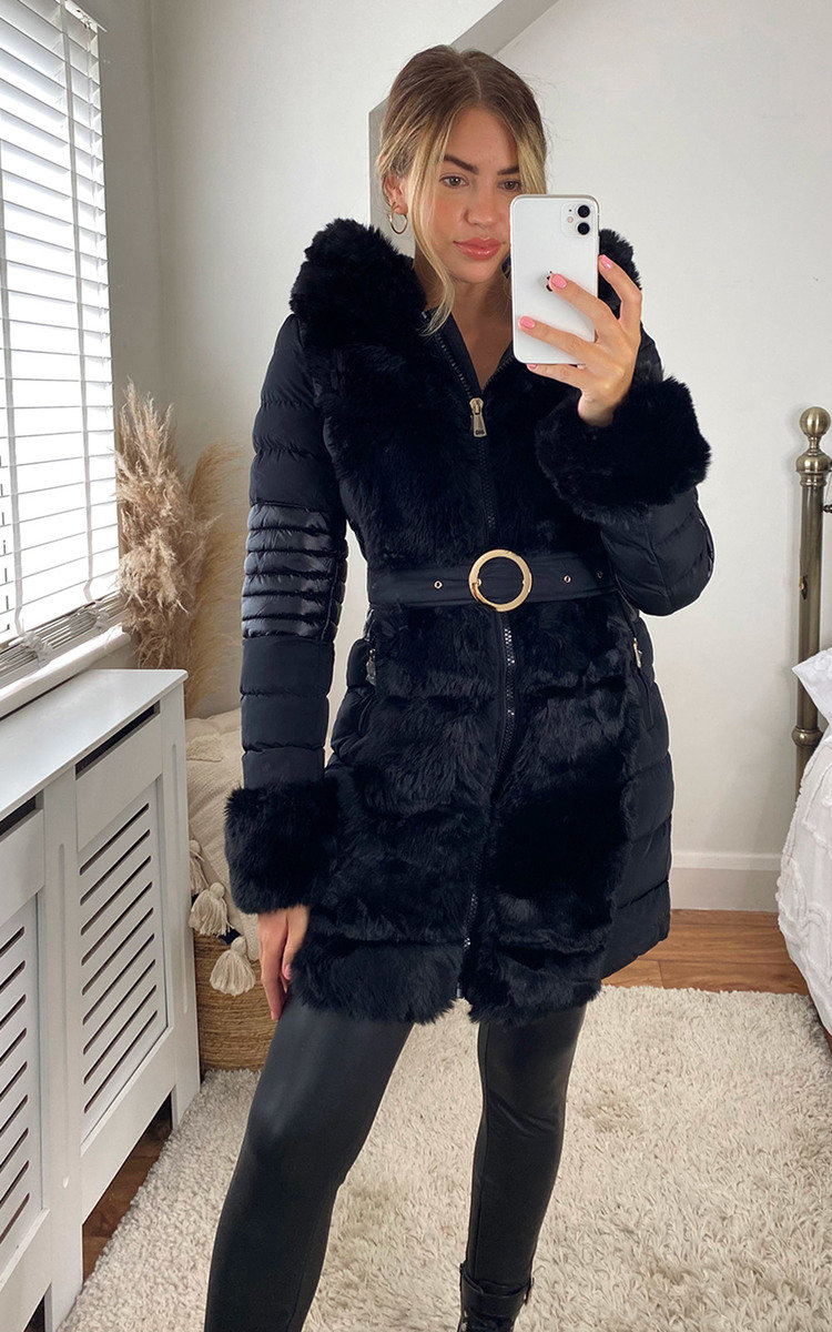 Dana Faux Fur Padded Belted Jacket with Hood Dana Faux Fur Padded Belted Jacket with Hood