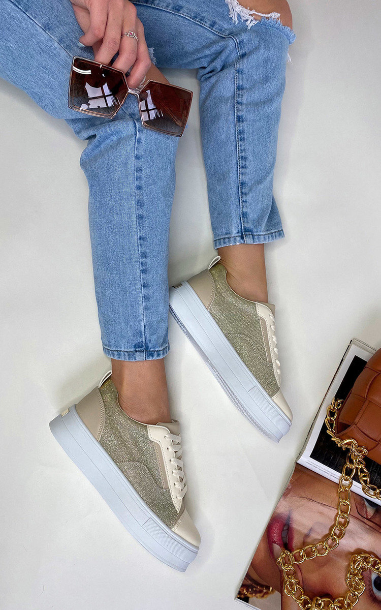 Darcie Faux Leather Trainers with Glitter Detail Thumbnail Darcie Faux Leather Trainers with Glitter Detail Thumbnail