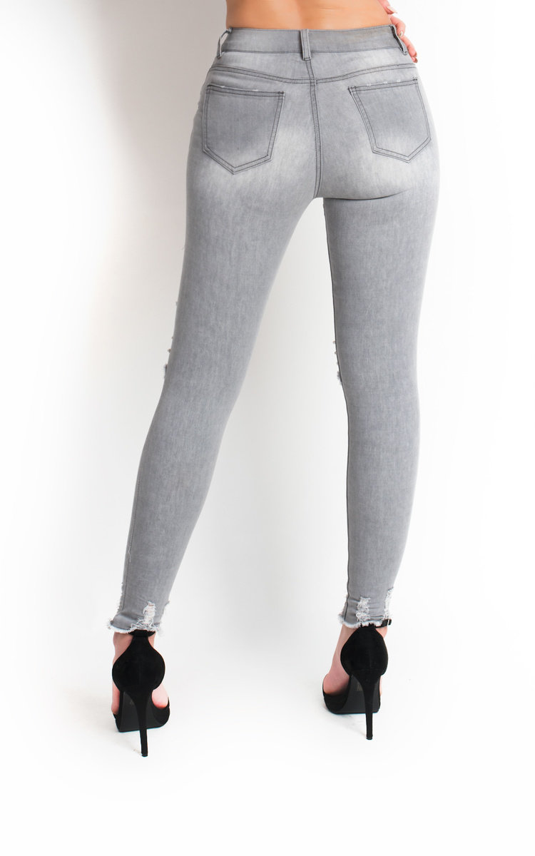 Daria Embellished Frayed Hemline Jeans in Grey ikrush