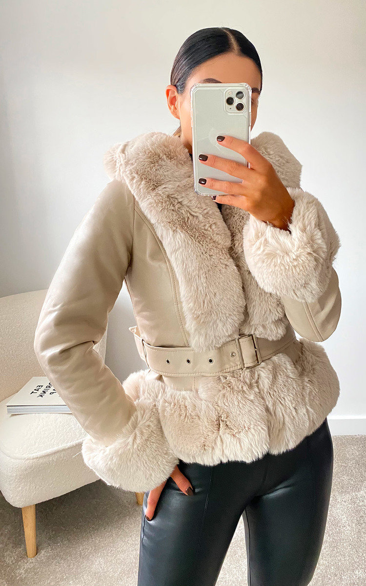 Anouska Cream Faux Fur Trim Belted Short Coat Debbie Faux Leather