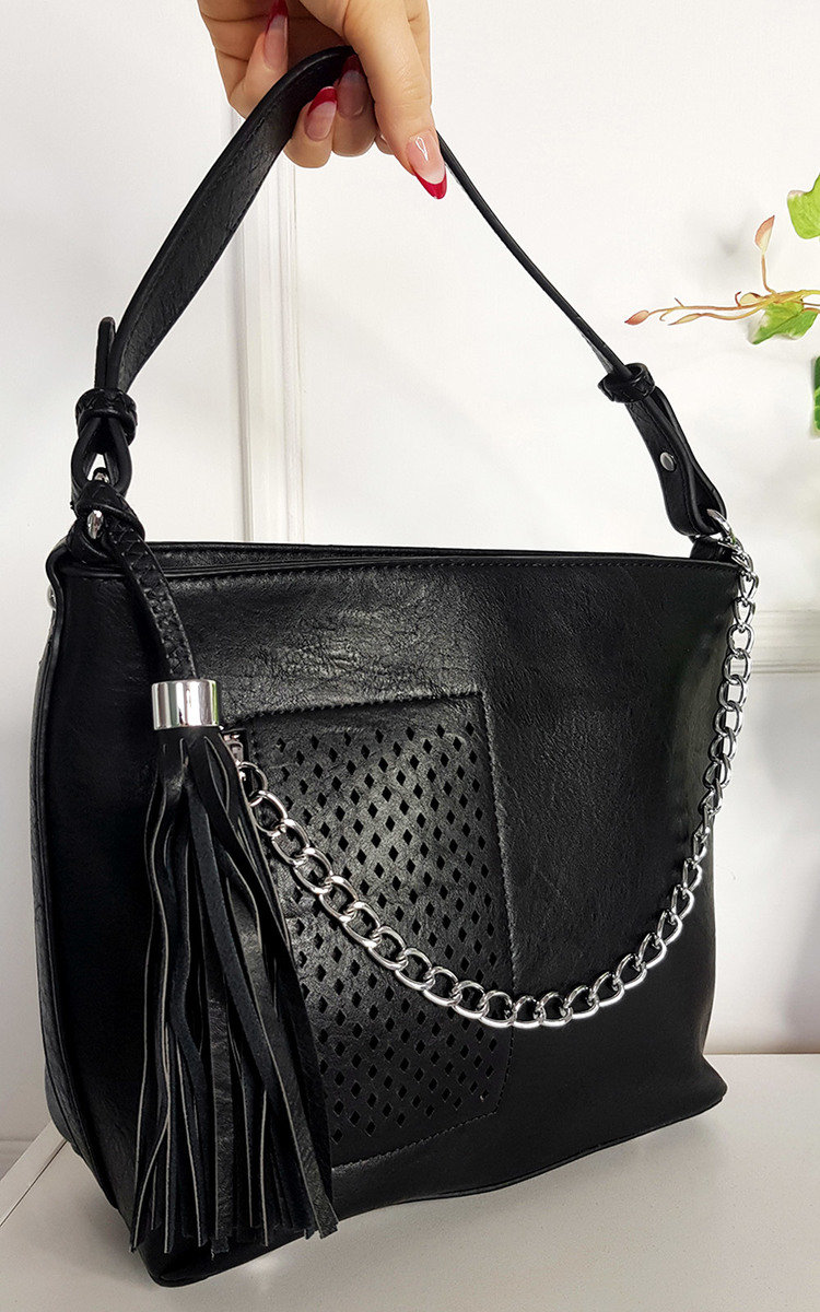 Deborah Faux Leather Shoulder Bag with Chain and Tassel Detail