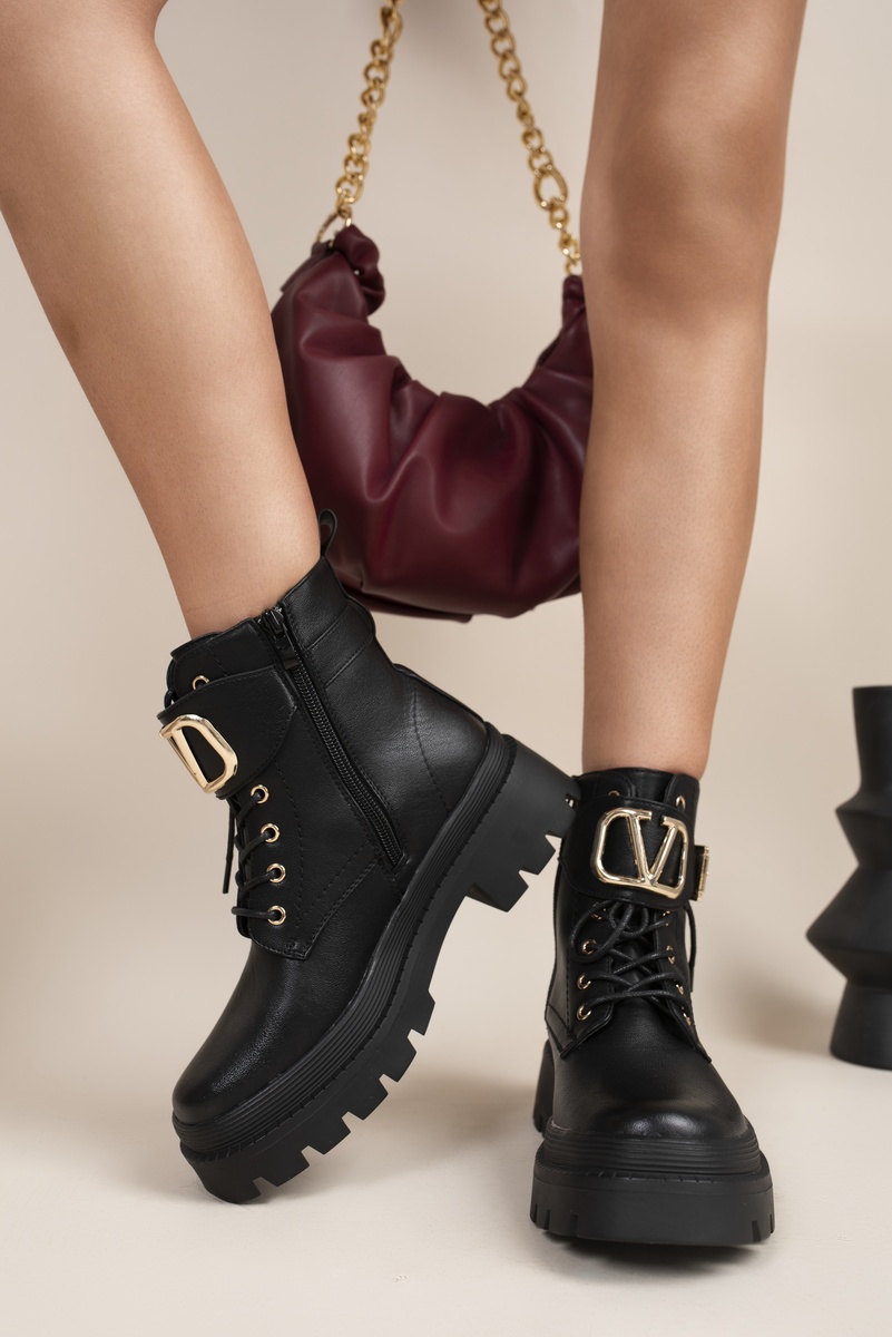 Black Della Chunky Lace-Up Biker Boots with Buckle Detail ikrush