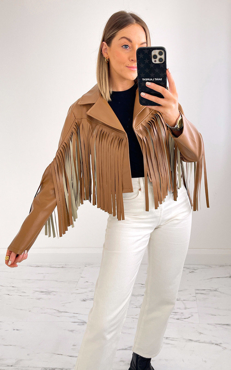 Dolly Faux Leather Fringed Cropped Jacket Dolly Faux Leather Fringed Cropped Jacket