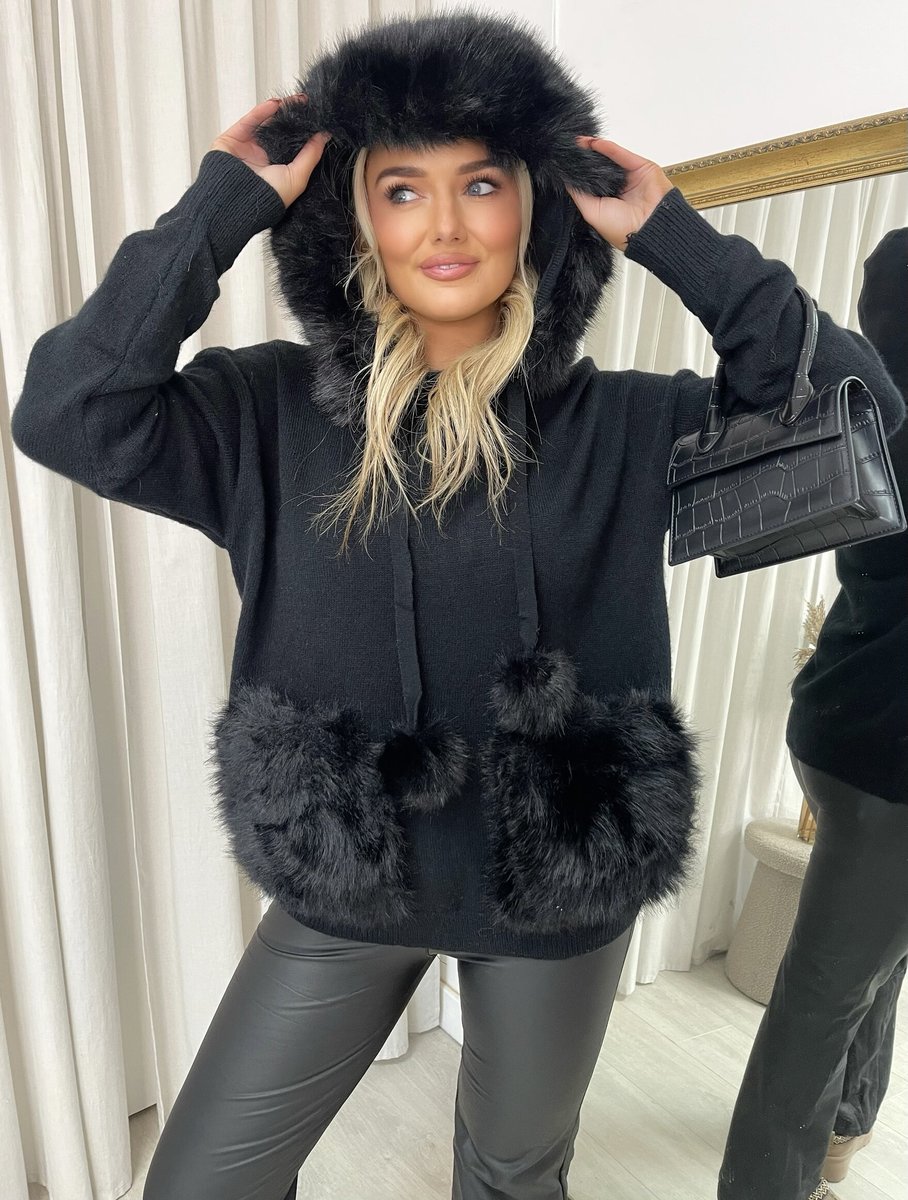 Black Dulce Pompom Faux Fur Trim Knitted Hoodie ikrush