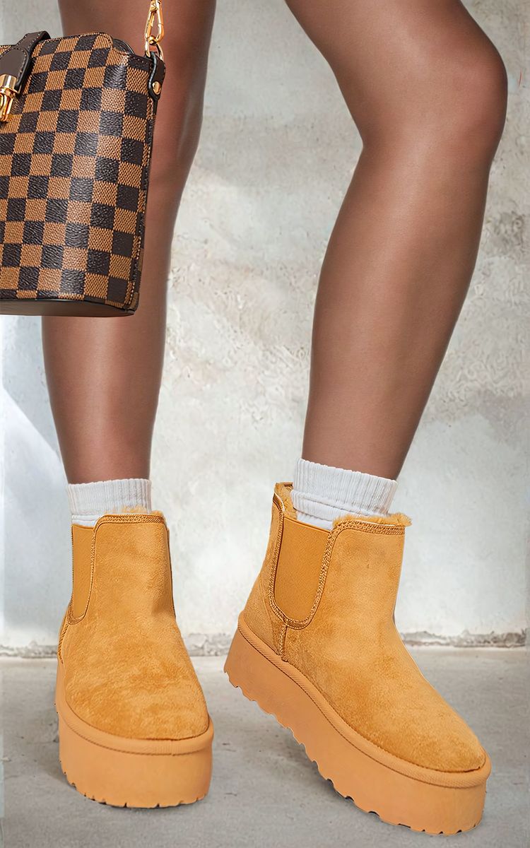 Camel Edith Fluffy Platform Sole Chelsea Faux Fur Lined Ankle