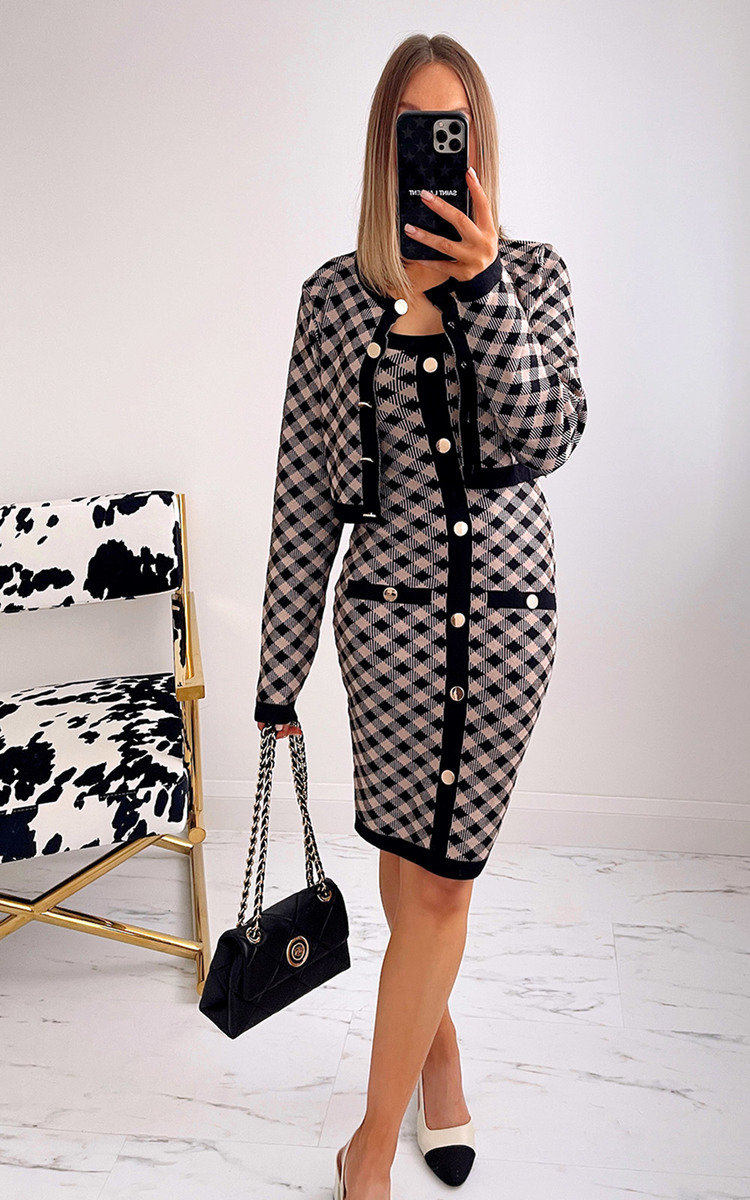 Elizabeth Checked Dress and Cardigan Co-ord with Button Detail Thumbnail Elizabeth Checked Dress and Cardigan Co-ord with Button Detail Thumbnail