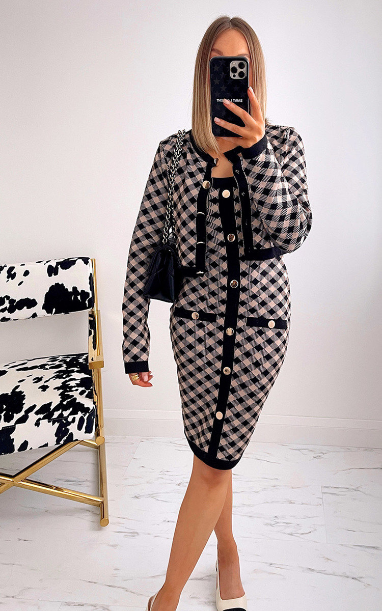 Elizabeth Checked Dress and Cardigan Co-ord with Button Detail 