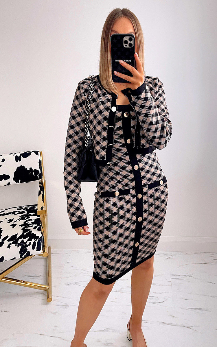 Elizabeth Checked Dress and Cardigan Co-ord with Button Detail Thumbnail Elizabeth Checked Dress and Cardigan Co-ord with Button Detail Thumbnail