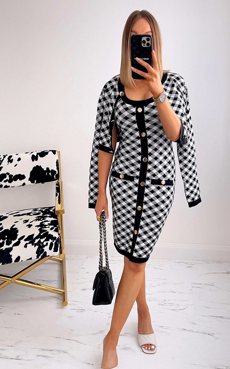 Elizabeth Checked Dress and Cardigan Co-ord with Button Detail Thumbnail Elizabeth Checked Dress and Cardigan Co-ord with Button Detail Thumbnail