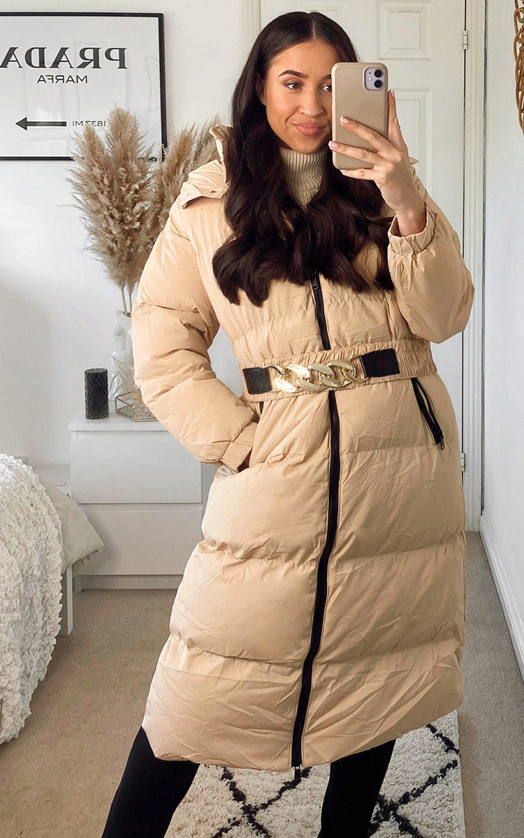 Ella Longline Puffer Coat With Belt Detail