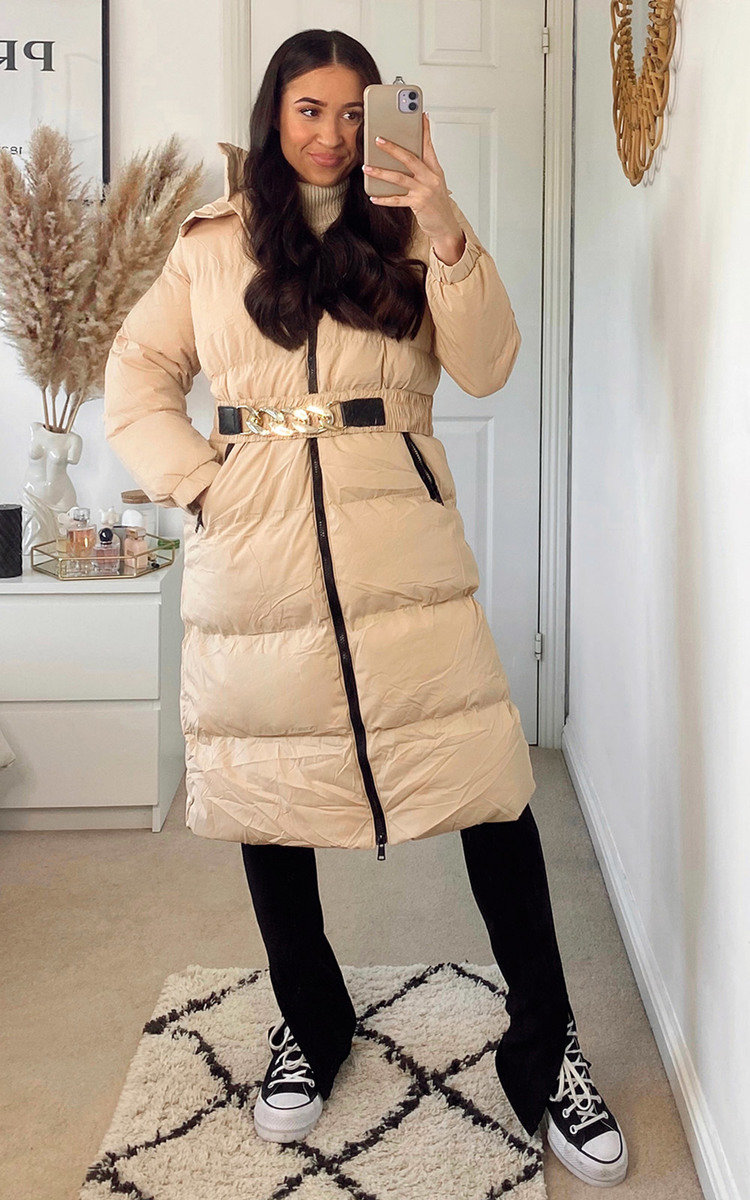 Ella Longline Puffer Coat With Belt Detail Thumbnail