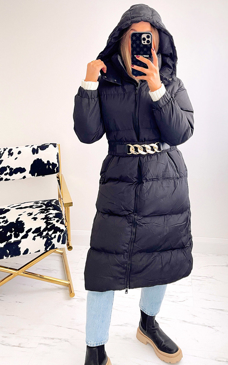 Ella Longline Puffer Coat With Belt Detail Thumbnail