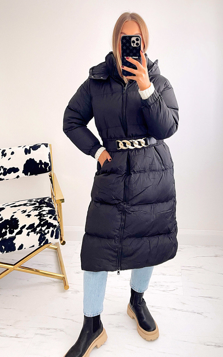 Ella Longline Puffer Coat With Belt Detail Thumbnail