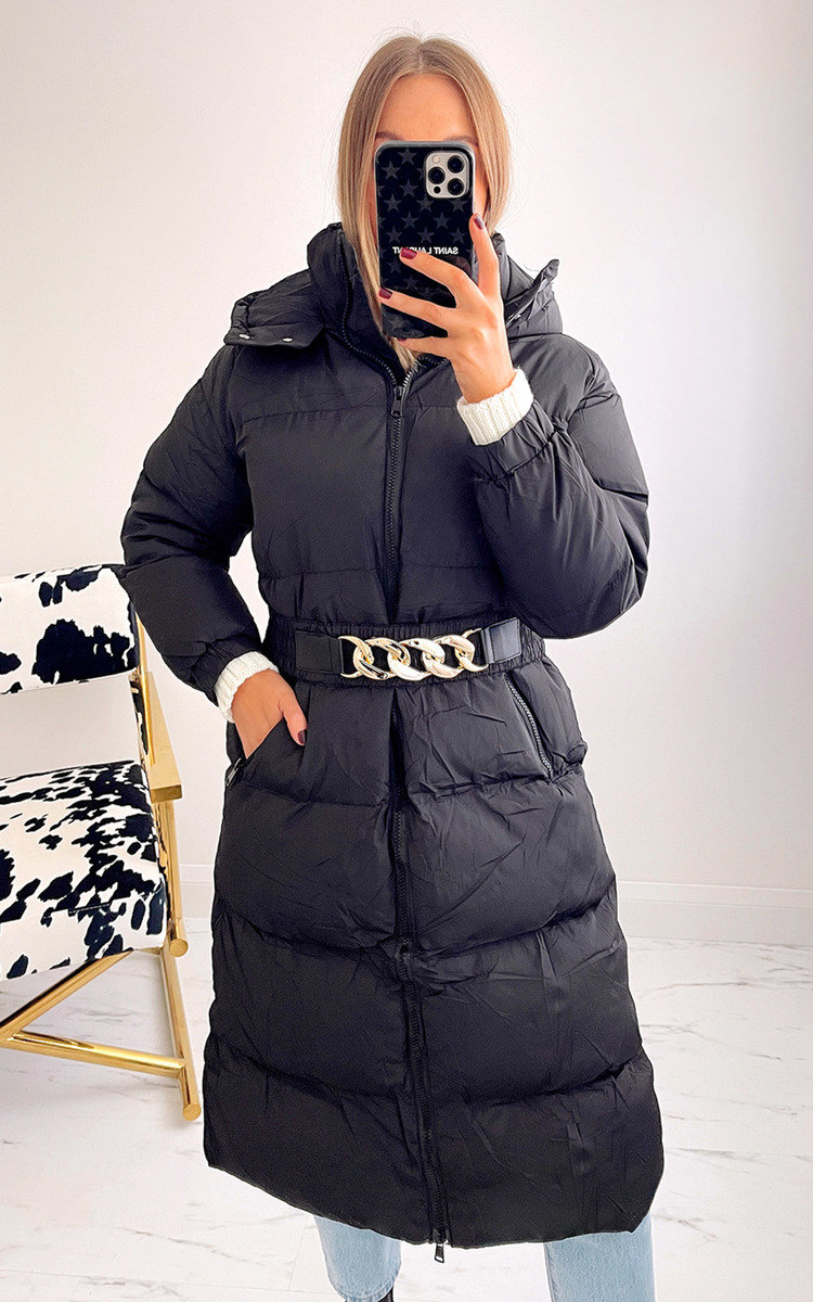 Ella Longline Puffer Coat With Belt Detail