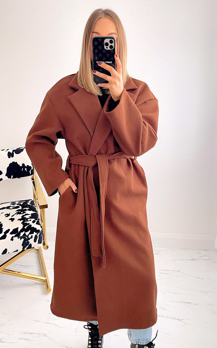 Elle Longline Coat with Tie Front in Camel ikrush