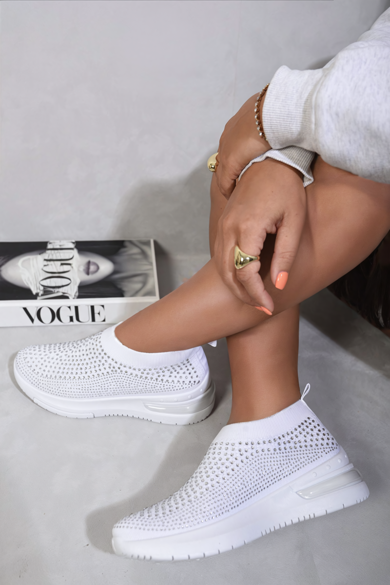 White Ember Rhinestone Decor Slip On Sock Trainers ikrush
