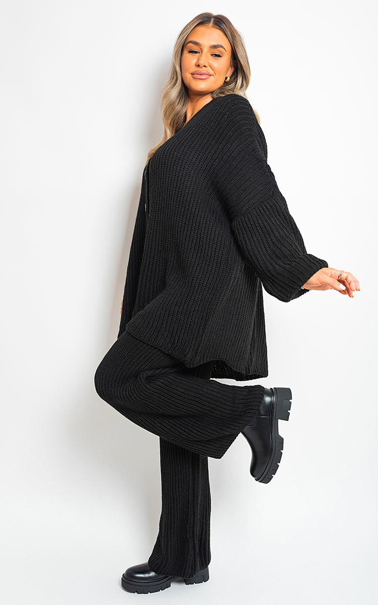 Black Emma Chunky Knitted Button Up Cardigan Wide Leg Trousers Co