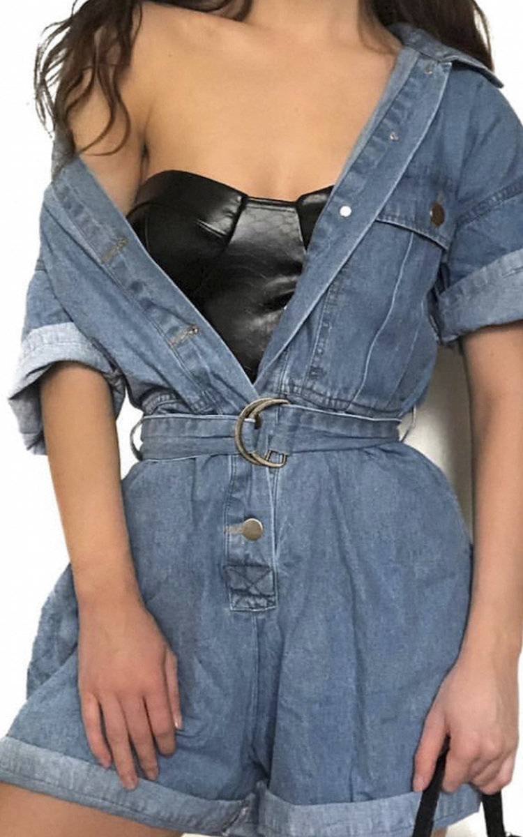 Emma Oversized Tie Waist Denim Playsuit  Thumbnail