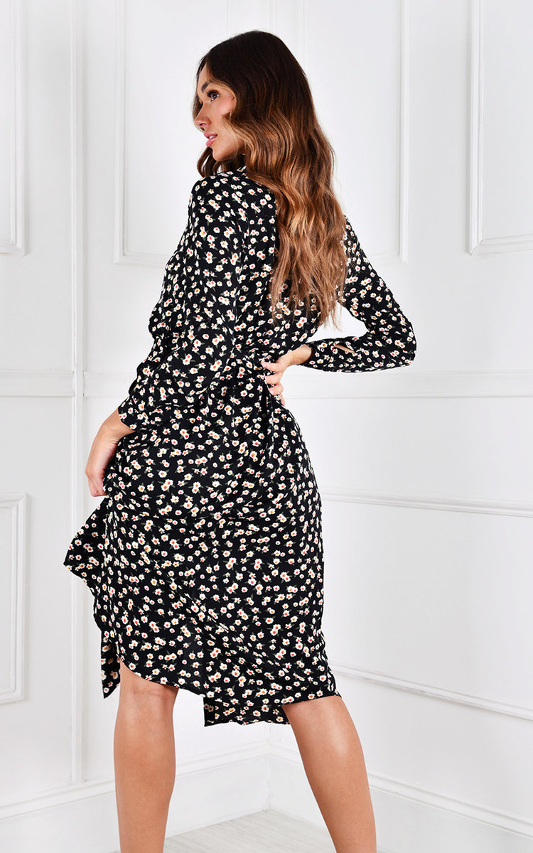 Estefania Long Sleeve V Neck Printed Midi Dress Thumbnail