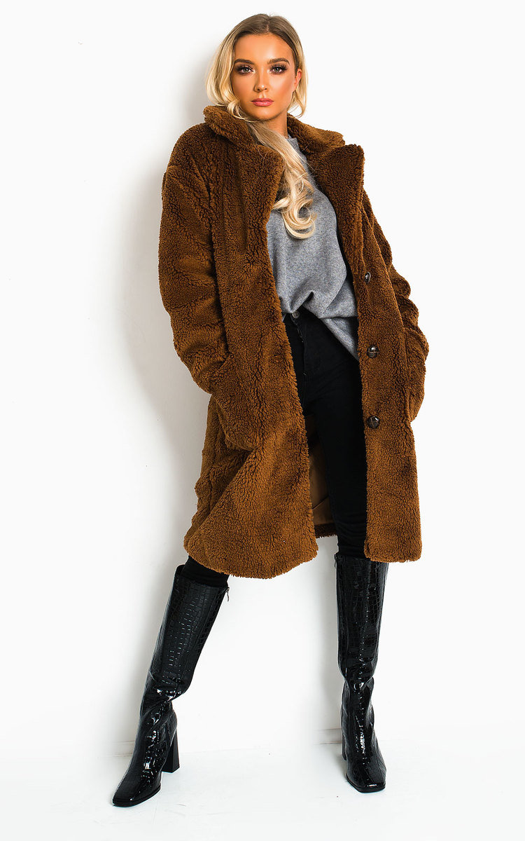 Farah Teddy Bear Maxi Coat in Tan | ikrush