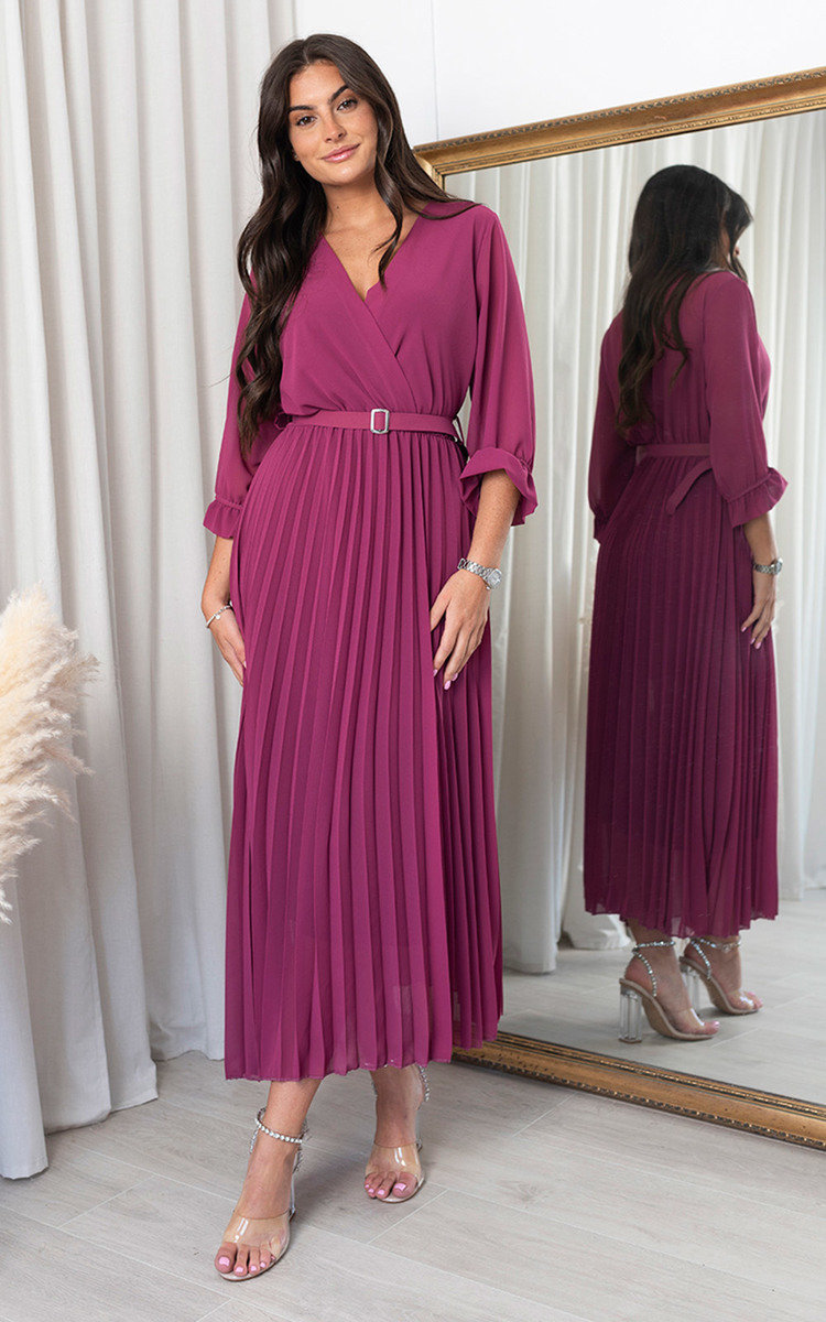 Fatima Pleated Maxi Dress with Belt Detail