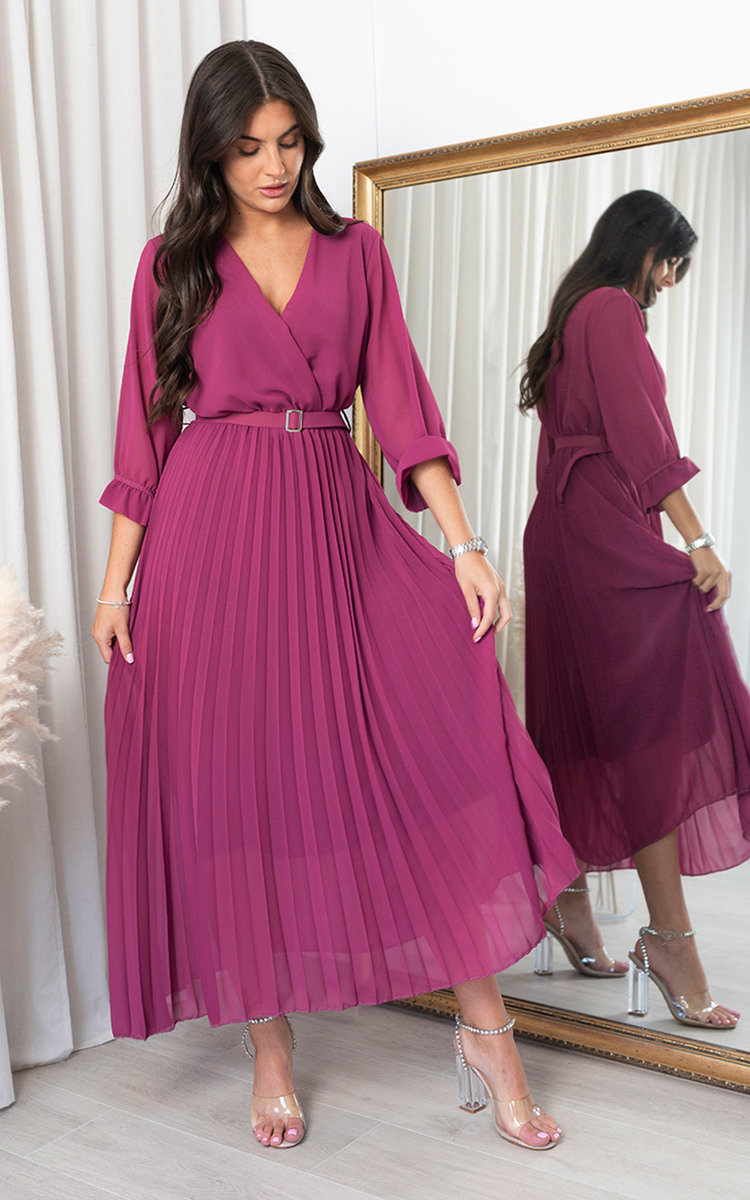 Fatima Pleated Maxi Dress with Belt Detail Thumbnail