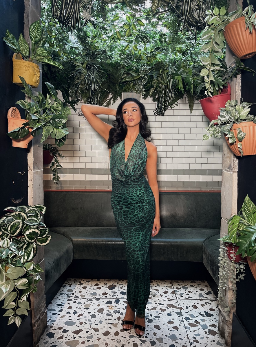 Green Fatima Printed Deep Cowl Neck Backless Maxi Dress ikrush