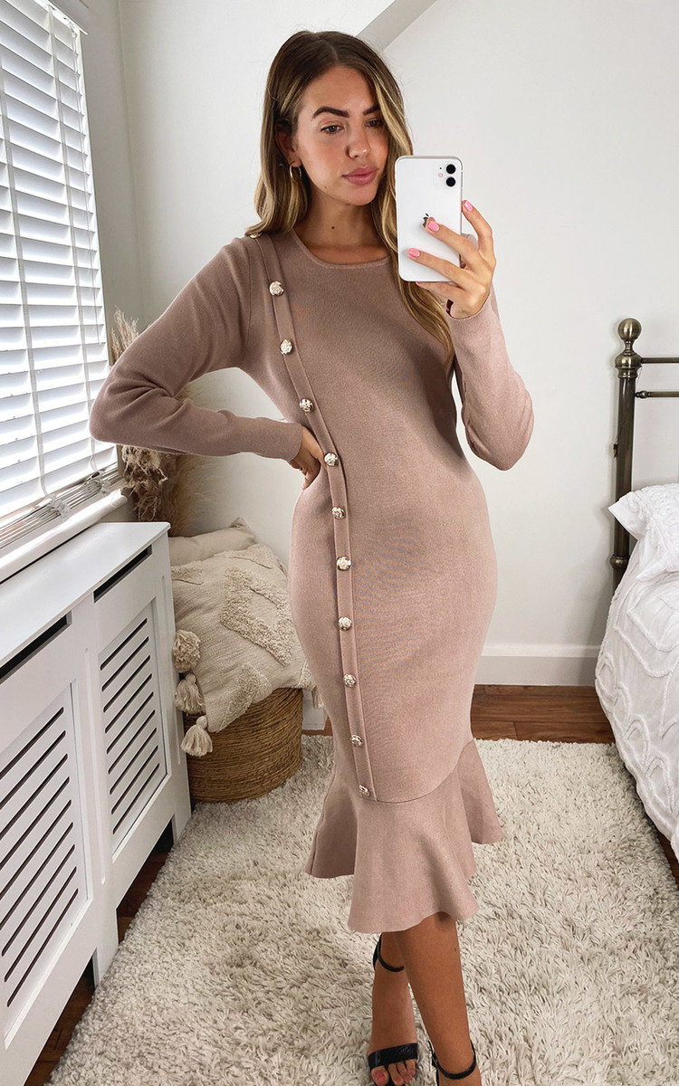 Finola Ruffle Hem Knitted Midi Dress with Button Detail Thumbnail Finola Ruffle Hem Knitted Midi Dress with Button Detail Thumbnail