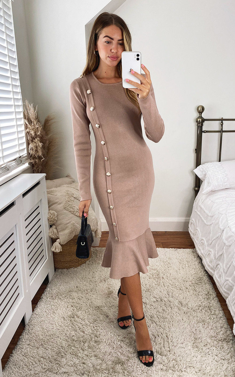 Finola Ruffle Hem Knitted Midi Dress with Button Detail Finola Ruffle Hem Knitted Midi Dress with Button Detail