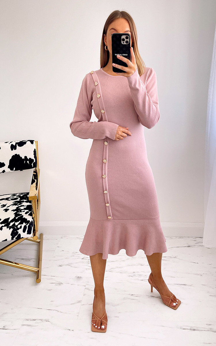 Finola Ruffle Hem Knitted Midi Dress with Button Detail Thumbnail Finola Ruffle Hem Knitted Midi Dress with Button Detail Thumbnail