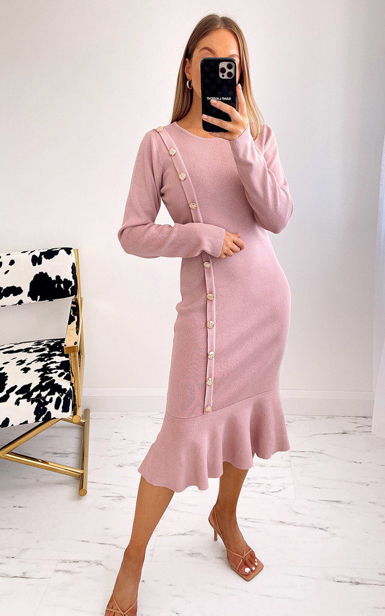 Finola Ruffle Hem Knitted Midi Dress with Button Detail Finola Ruffle Hem Knitted Midi Dress with Button Detail