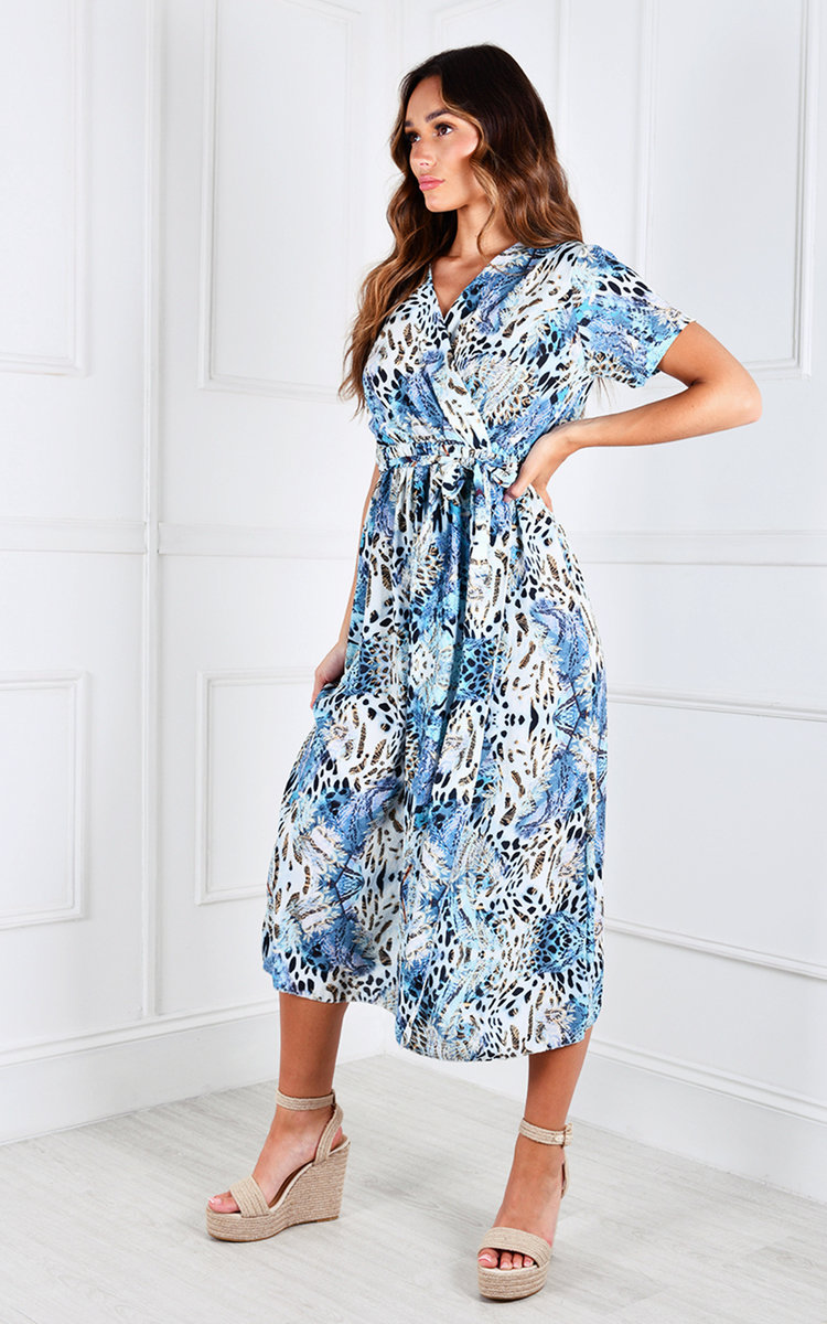 Fliss Short Sleeve V Neck Tie Waist Midi Dress Thumbnail Fliss Short Sleeve V Neck Tie Waist Midi Dress Thumbnail